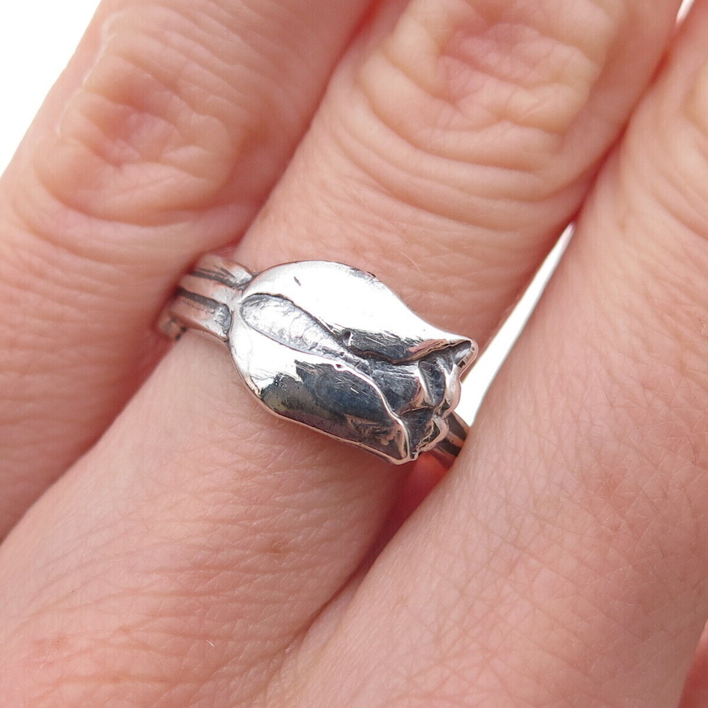 925 Sterling Silver Vintage Tulip Flower Oxidized Ring Size 5.25